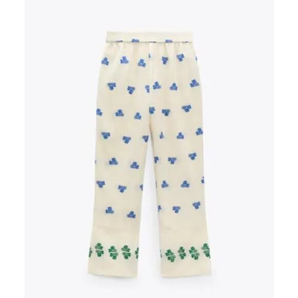 Zara Women's Pants Wide Leg Embroidered Flowers Cream Green/Blue Size Large - Picture 2 of 13